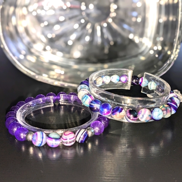 2pc Agate and Amethyst 8mm Beaded Bracelet - Picture 1 of 1